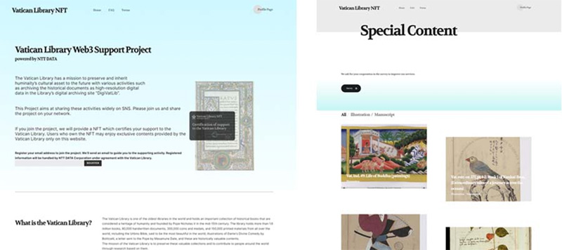 Figure1:「website for supporters」 Left:top page, Right:Contents viewing page(High-resolution images and explanatory text created by the Vatican Library will be displayed)